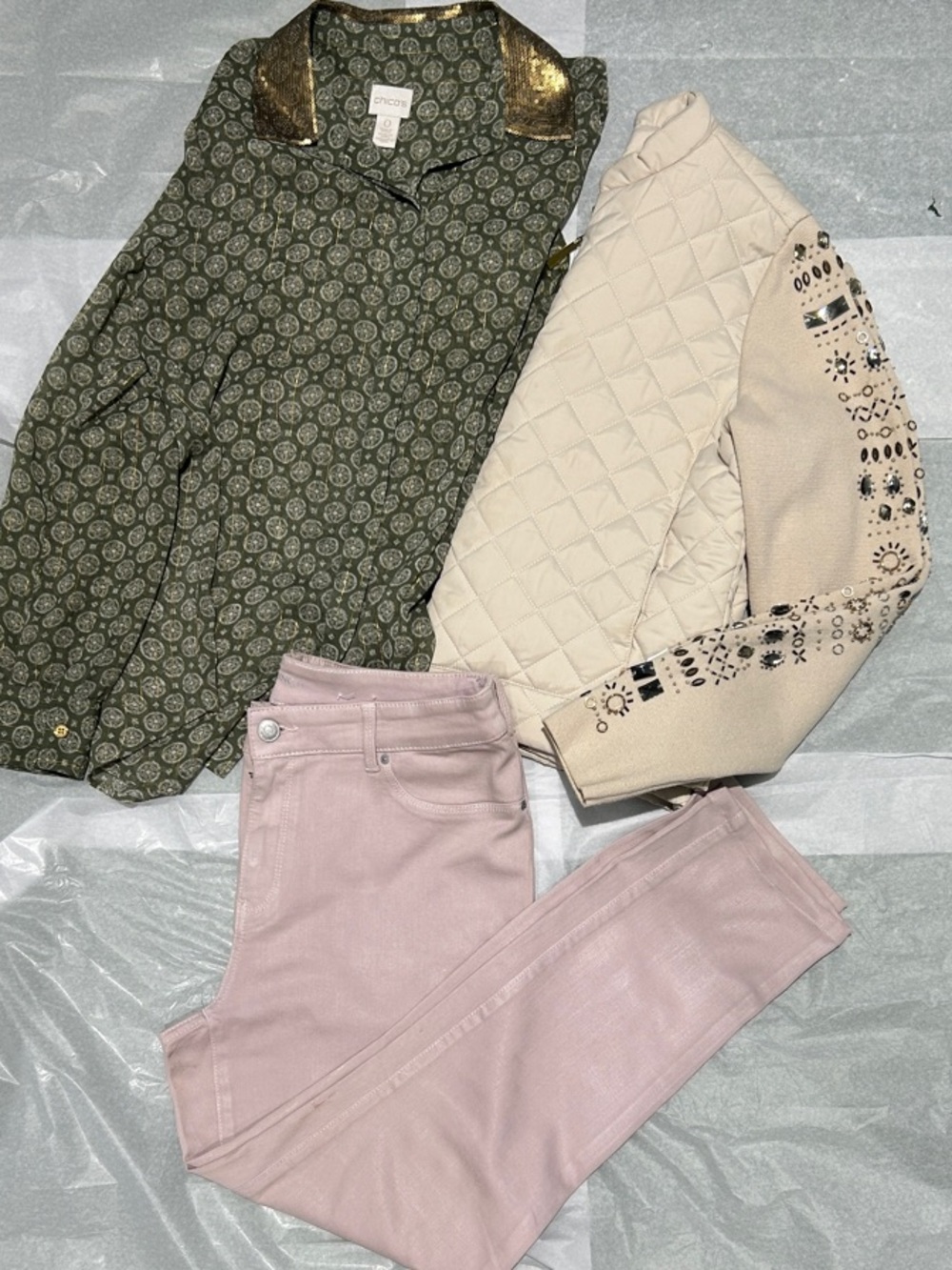 Chico’s (Bundle of 3) Cream Puffer, Blush Jeggings, Metallic Sheer Blouse
